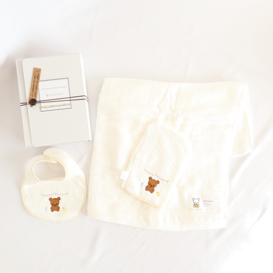 ガーゼのぬくもり３点ギフト（大きなガーゼバスタオル+スタイ+ミトン）　※送料無料